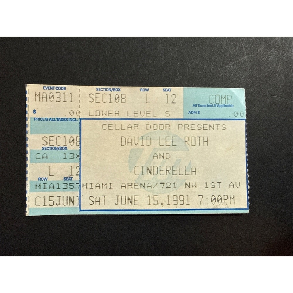 DAVID LEE ROTH & CINDERELLA RARE CONCERT TICKET STUB MIAMI, FL 06/15/91